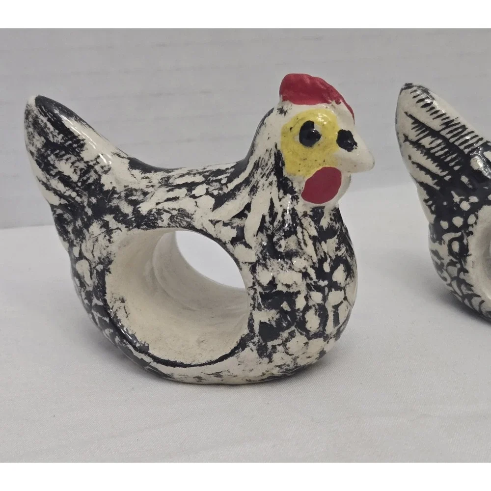 Vintage Hand Painted Ceramic Chicken Rustic Napkin Rings Holders Set of 3